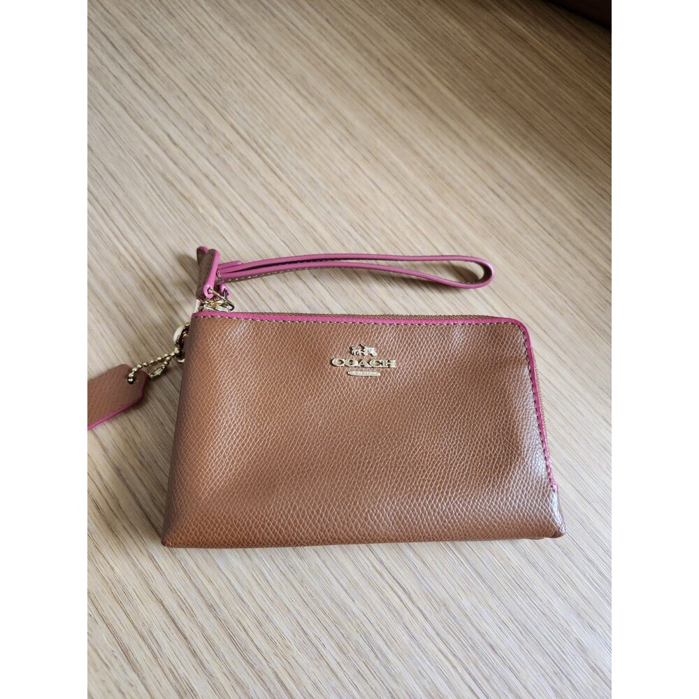 Coach Double Corner Zip Wristlet in Saddle Brown Crossgrain Leather & Pink Trim